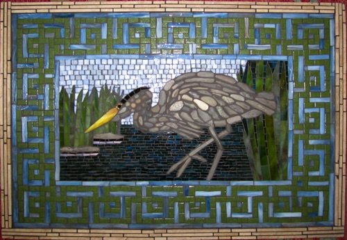 Hunting Heron; 18" x 26"; natural stone, stained glass, marble; $2000.00